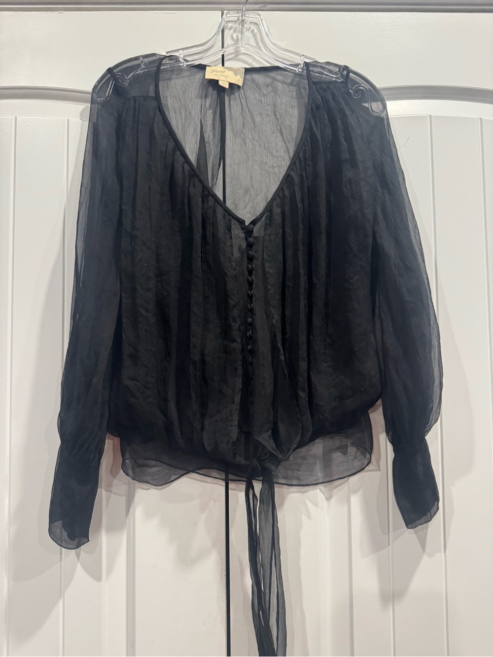 Elizabeth and James Black 100% Silk Sheer V-Neck Button-Front Blouse